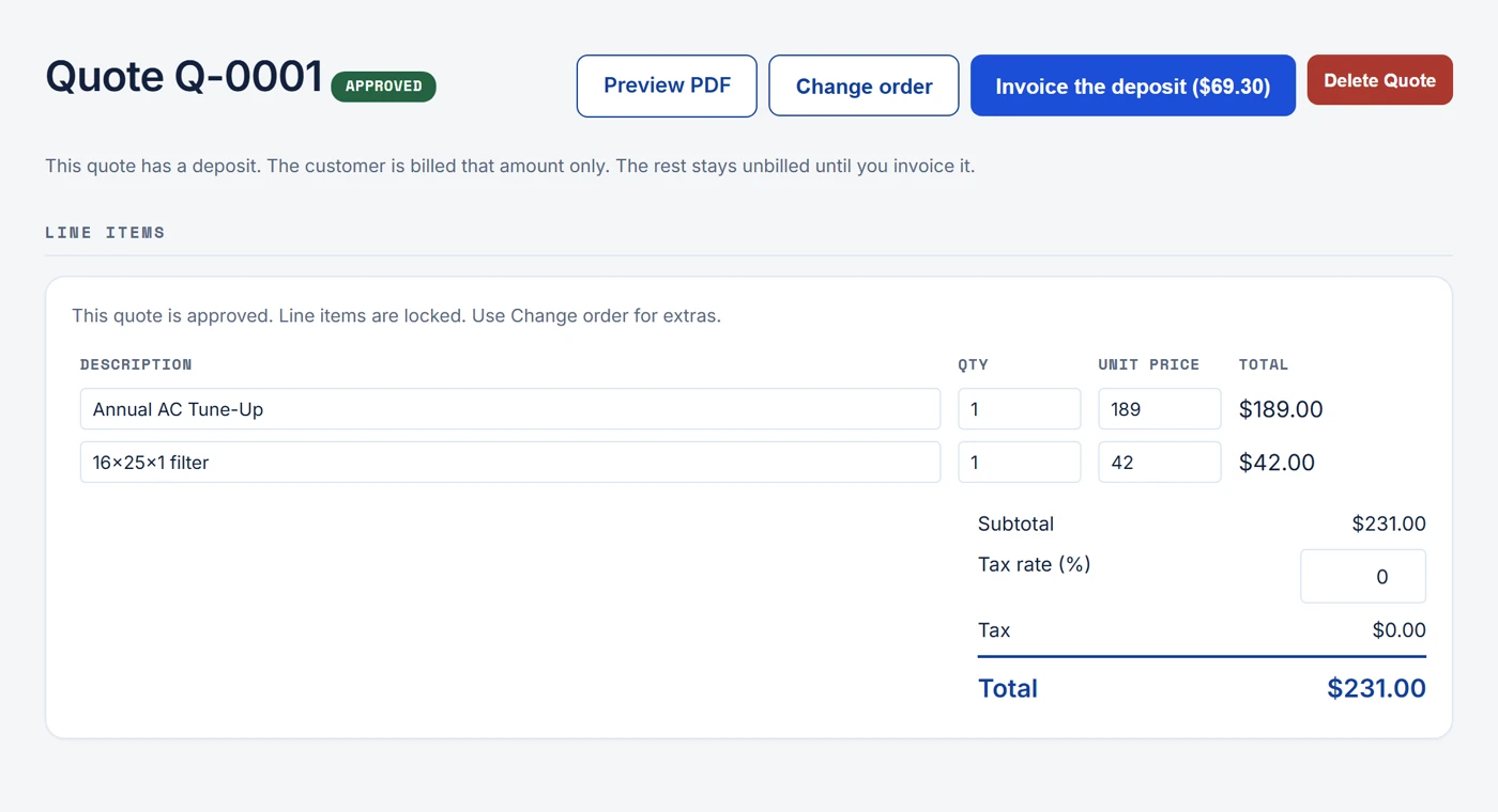 Approved HVAC quote with deposit, line items, and invoice total